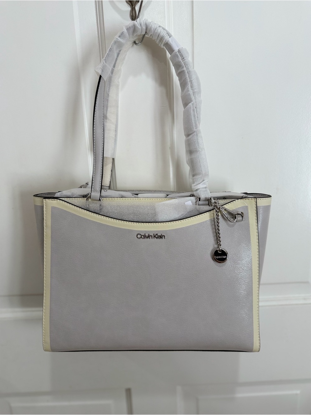 Calvin Klein Light Gray Tote with Cream Trim